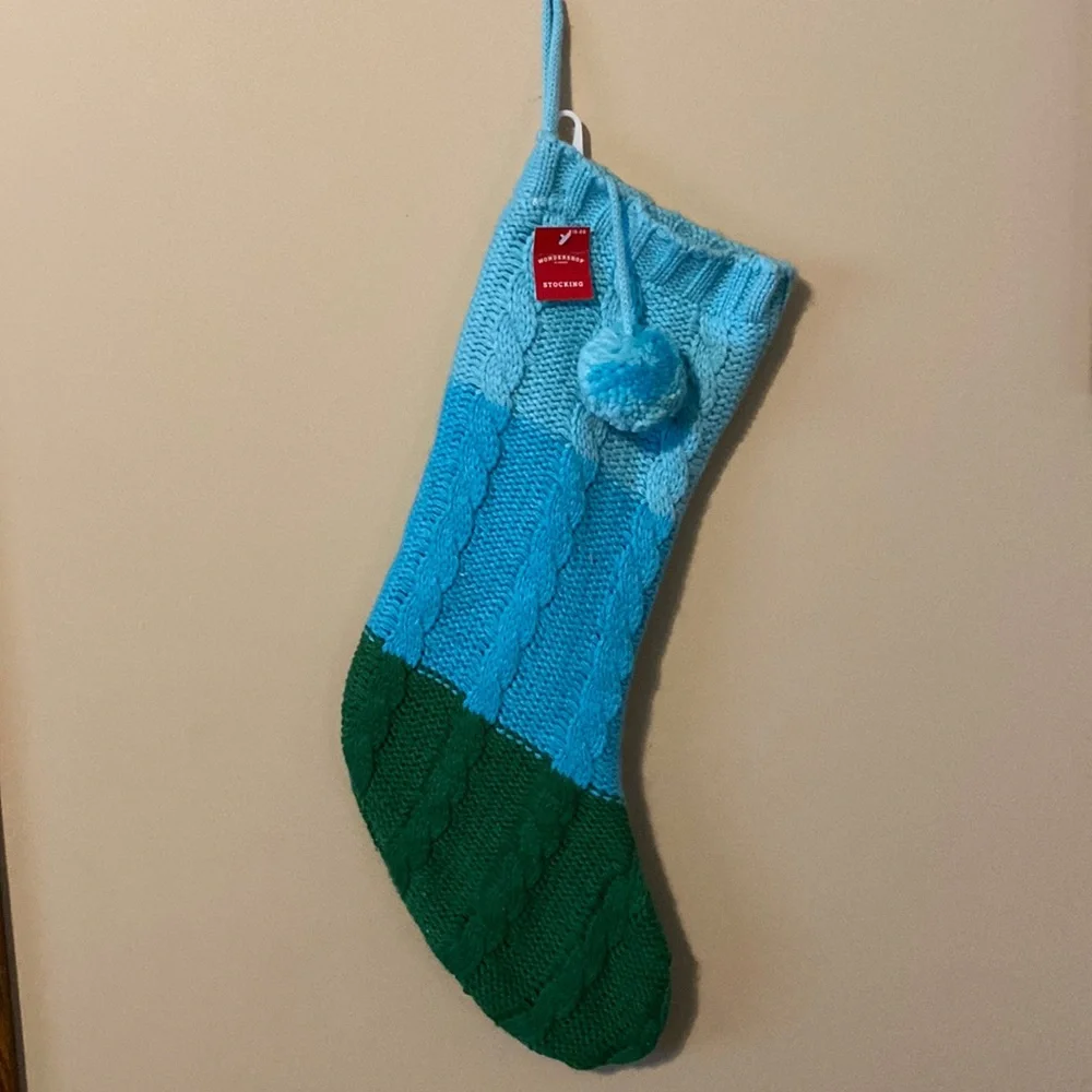 Target Wondershop blue green cable Knit Christmas Stocking w/Pom pom Color Block